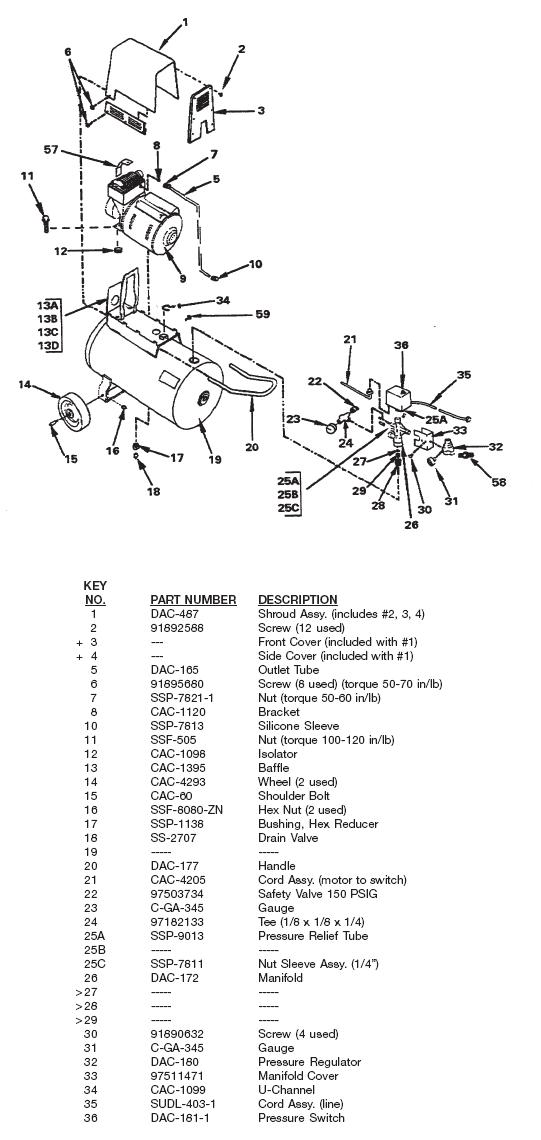 DEVILBISS, HUSKY, OIL FREE AIR COMPRESSOR, MODEL 200E14AD, BREAKDOWN, PARTS LIST, REPLACEMENT PARTS, REPAIR KITS